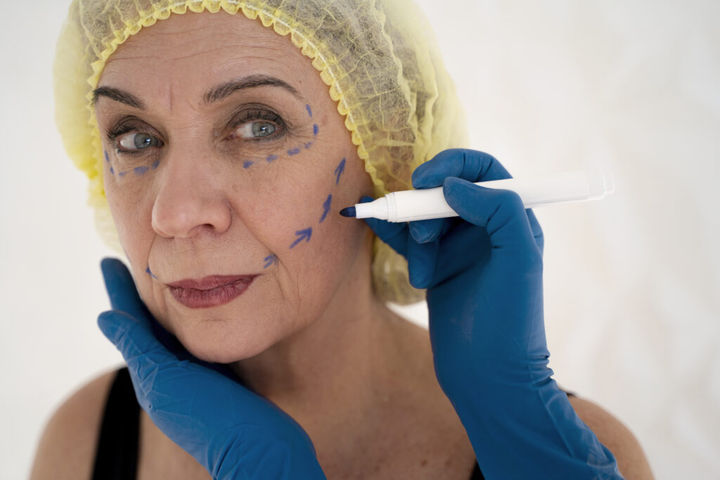 Patiente mature en consultation esthétique avec marquages sur le visage en vue d’un traitement anti-âge à Paris au centre CCM Medical Training